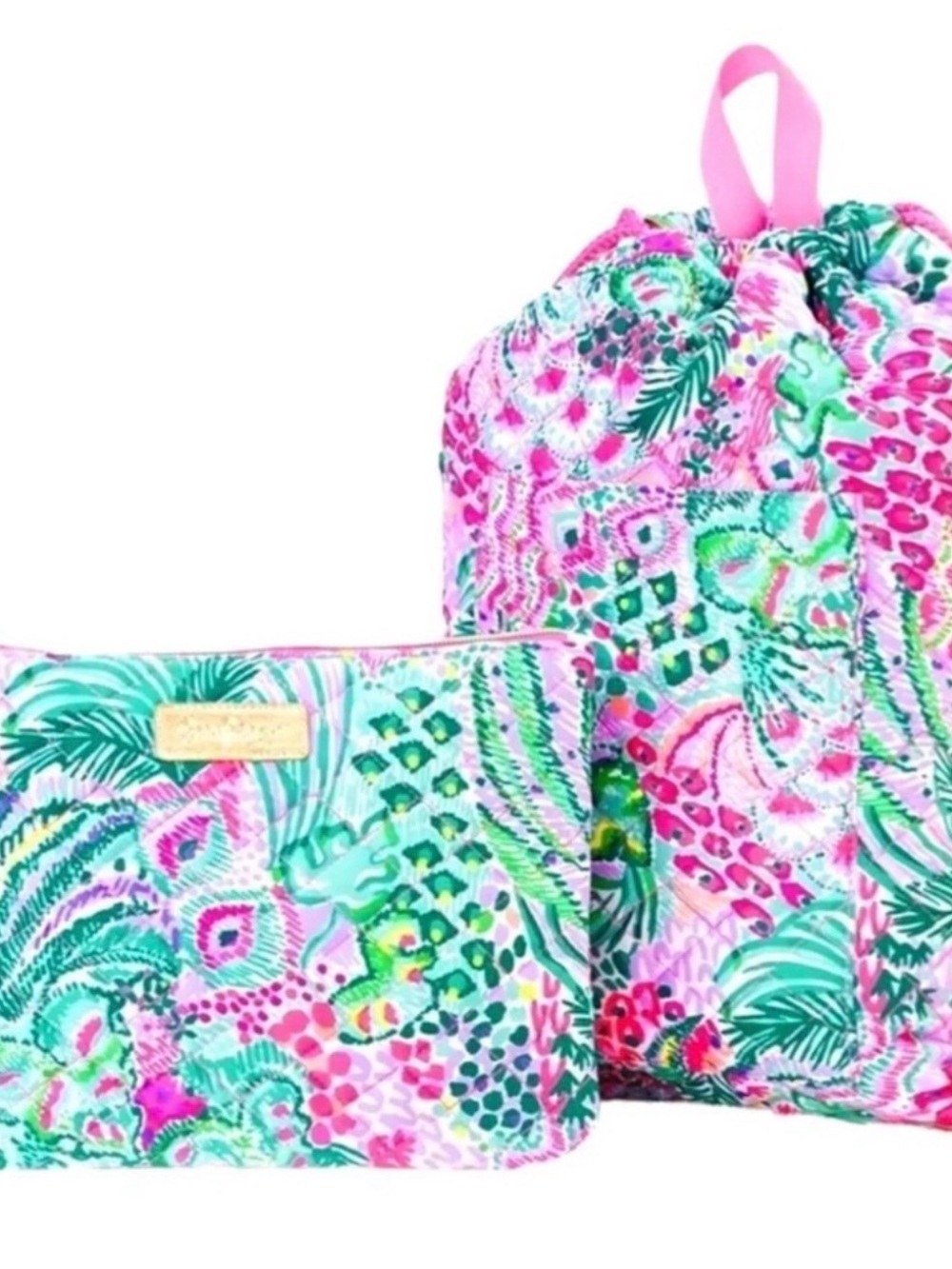 Lilly Pulitzer Banana Split quilted drawstring backpack and pouch gwp pink green